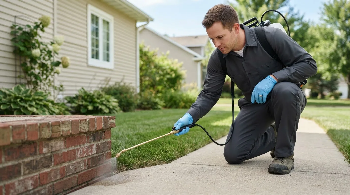 Pest control technician treating a home near Maywood, NE