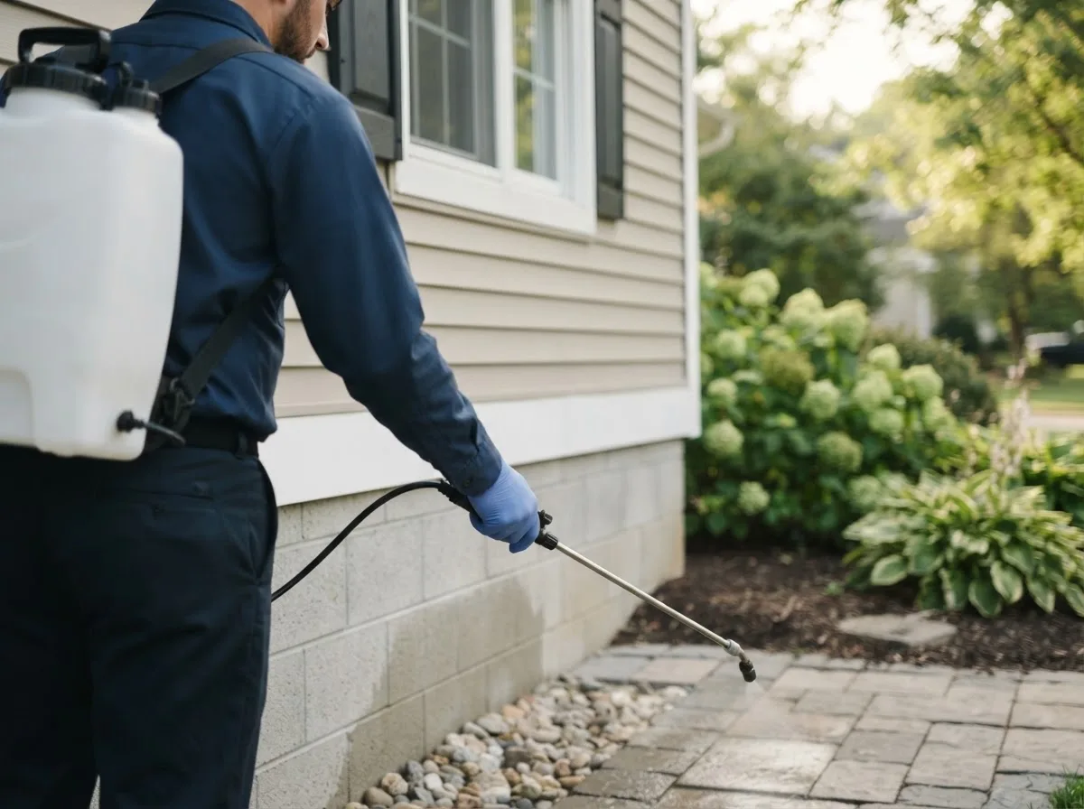Pest control technician inspecting a home in Maywood, NE